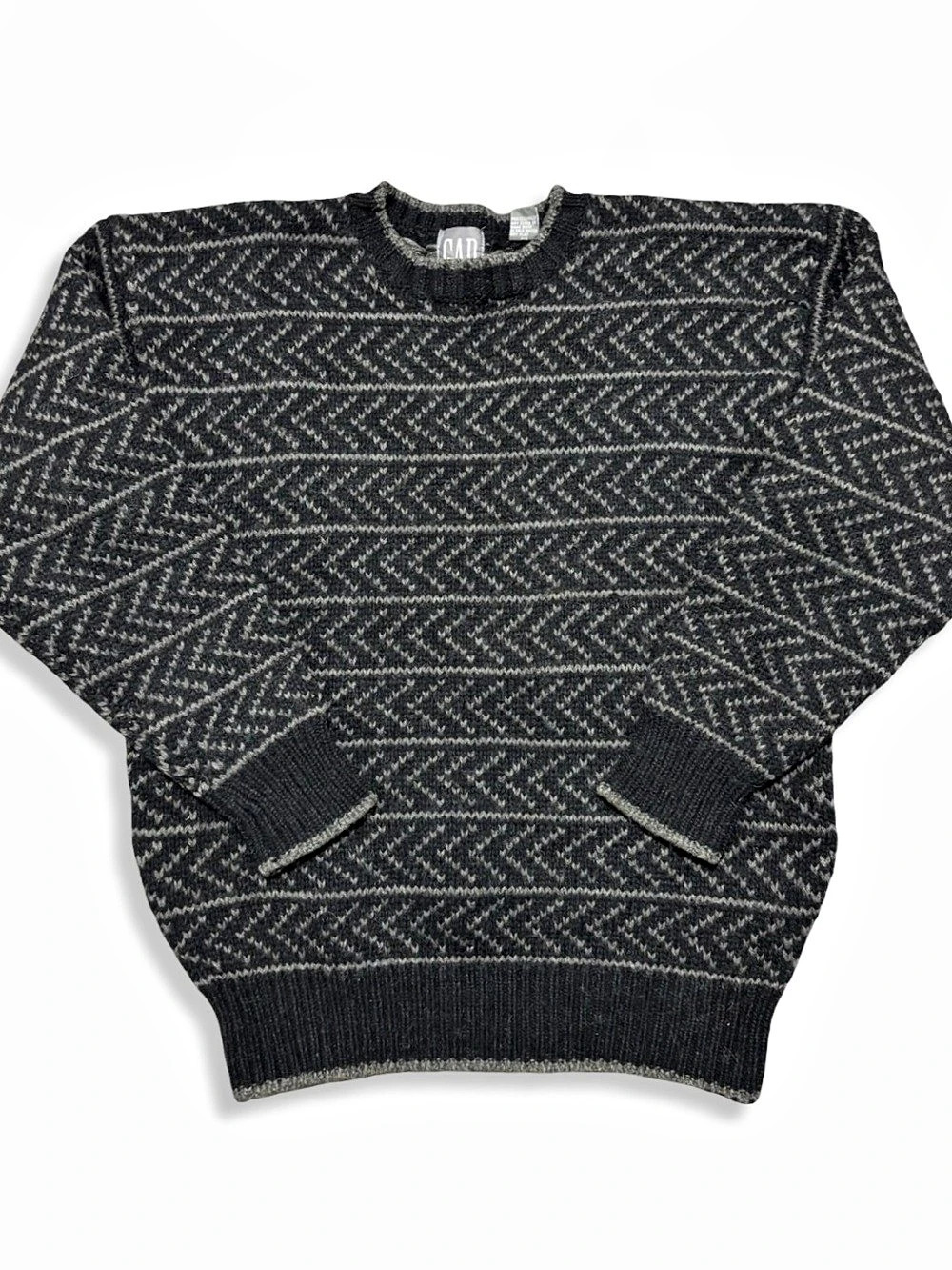 Vintage 90s Gap Geometric 100% Wool Crewneck Sweater in Black & Gray